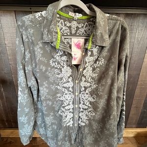 Johnny Was/3J Workshop Green/Grey BoHo Embroidered Blouse NWT XL